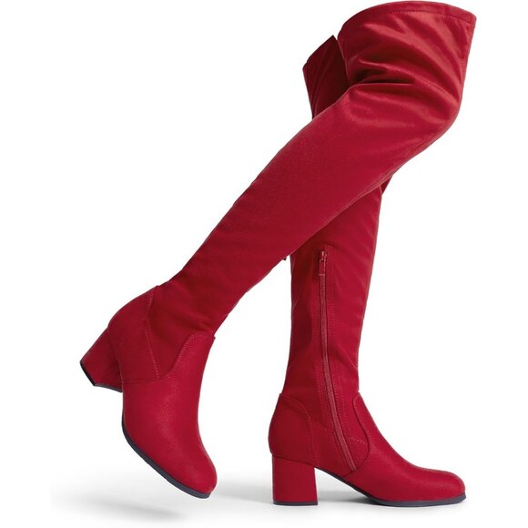 Shoes - Women's Red Suede Over The Knee Thigh High Chunky Heel Long Stretch Fall Boots